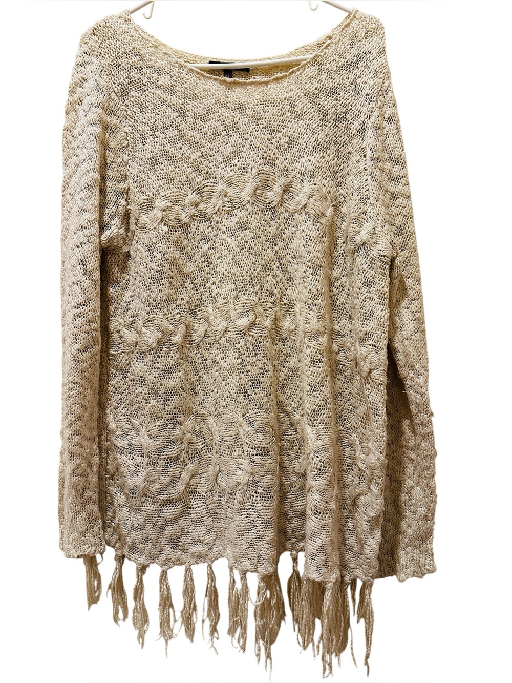 Olivia Sky Women Open-Knit Boat Neck Cable Sweater Tassel Fringes 1X Cream Boho